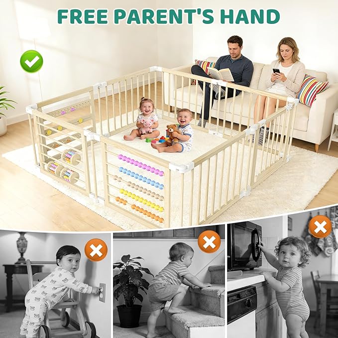 OMZER 67x67 Inch Wooden Baby Playpen - Foldable Baby Gate Playpen for Babies and Toddlers - Indoor & Outdoor Portable Play Fence Area Wood Enclosure - Adjustable Extra Large Play Yard Pen for Kids