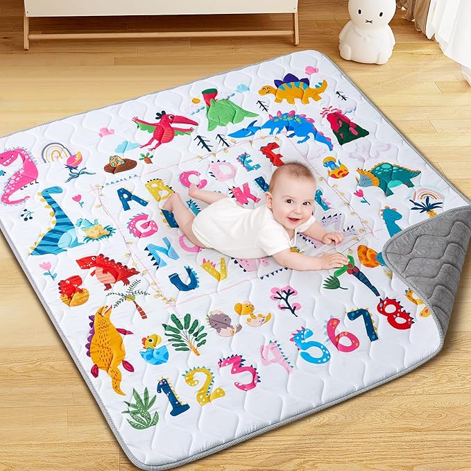 TreeBud Baby Play Mat - Thicken 50x50 Inch Soft Foam Crawling Mat for Playpen & Floor, Non-Slip Waterproof Playmats for Infants & Toddlers, Portable Foldable & Machine Washable, Dinosaur & Letters