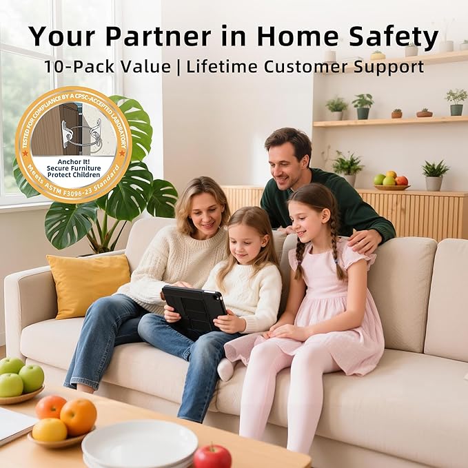 RORMGO Furniture Anchors 10-Pack, Anti Tip Furniture Anchors for Baby Proofing, Extra-Strong Metal Wall Anchor Straps with Steel Cable to Secure Dresser, Bookcase, Wardrobe & Cabinet, Black