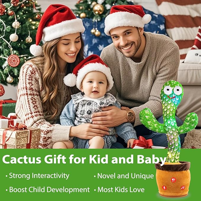 ROYPOUTA Rechargeable Dancing Talking Cactus Plush Toy for Kids - Volume Adjustable Mimicking and Singing Cactus with Music & Light - Funny Birthday Gifts for Years Old Boy Girl