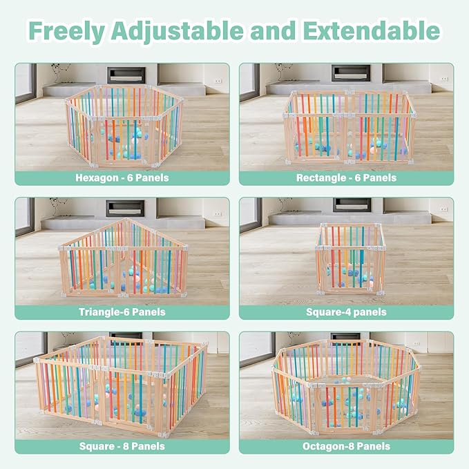 Foldable Wooden Playpen-51x51x25in-Large Baby Gate Playpen with Child-Proof Lock-Easy Assembly, Portable Design for Babies & Toddlers- Shape& Size Adjustable Baby Fence Play Area(Multicolor, 6 Panel)