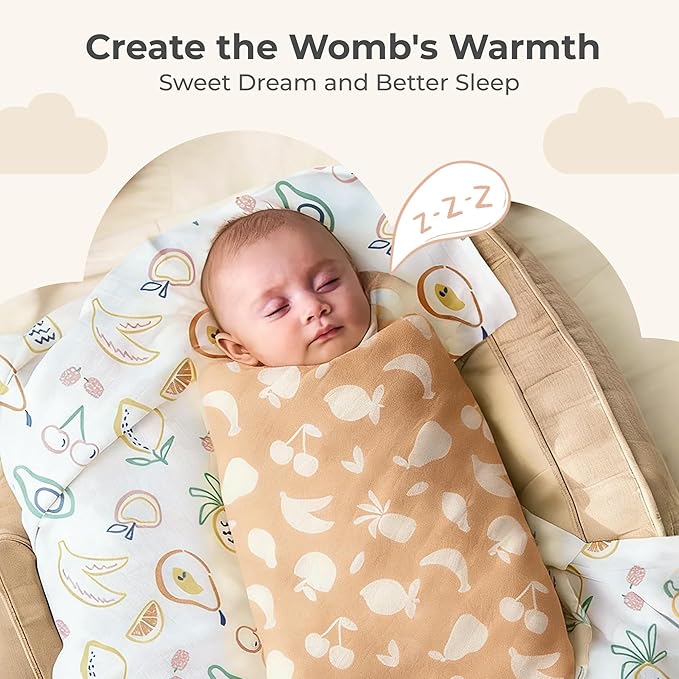 Momcozy Muslin Swaddle Blankets, Ultra Soft Neutral Registry Essentials, 47'' x 47'' Breathable Large Receiving Blanket, Newborn Essentials Must Haves, Baby Boys Girls Shower Gifts, Fruits Party