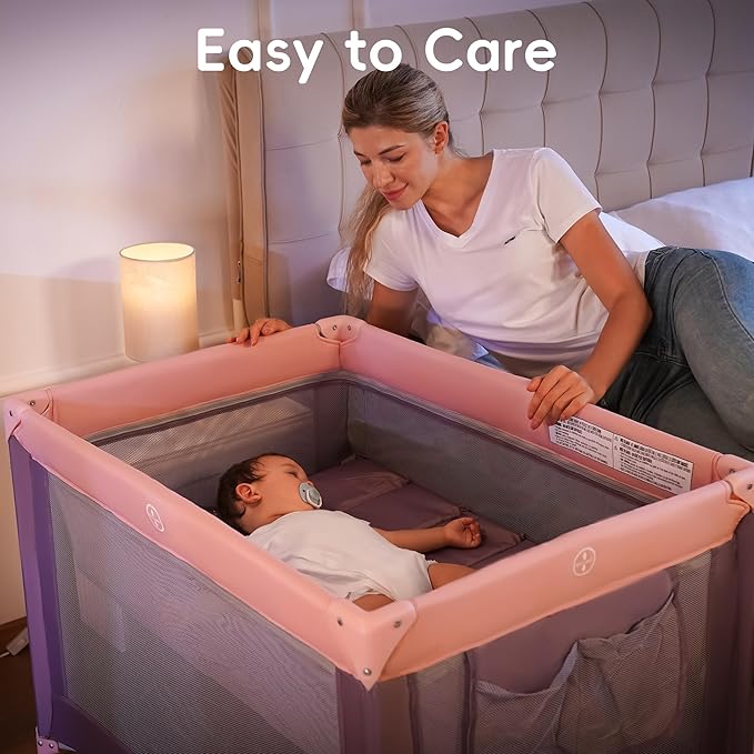 Pamo Babe Pack and Play with Bassinet, Pink Portable Playard for Baby