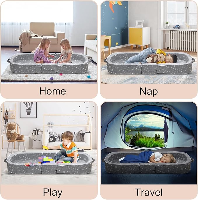 REAWUL Foldable Toddler Travel Bed, Portable Folding Floor Bed with Washable Cover,Soft and Safe Foam Crib,Grey