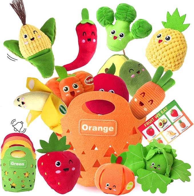 Baby Sensory Toys - Plush Color Sorting Fruit Veggie Baby Toys 6-12 Months, Pretend Play Food with Rattle Crinkle for Toddlers 1-3, Birthday Valentines Day Easter Gift for 1 Year Old Boys Girls