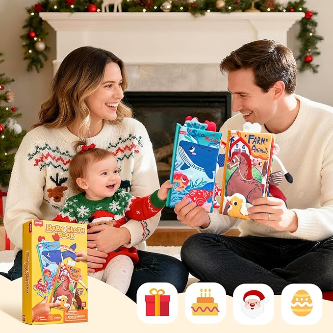 JoyCat 2-Pack Baby Cloth Books 0-6-12 Months - Farm & Ocean Infant Sensory Toys - Tummy Time Mirror & Montessori Developmental Learning - Valentine & Easter Basket Stuffers Gift Set