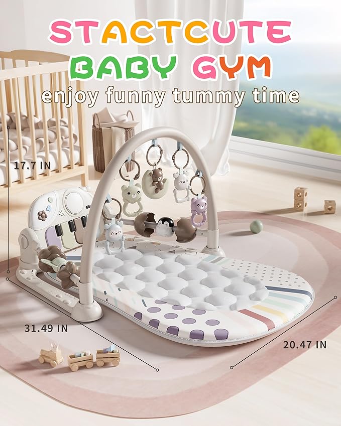 Stactcute Baby Play Mat Baby Toys,Baby Gym Tummy Time Play Piano Activity Mat with 5 Infant Sensory Toys,Music & Light Infant Newborn Gifts for Babies Toddlers 0-3 6-9 11 12 Months.