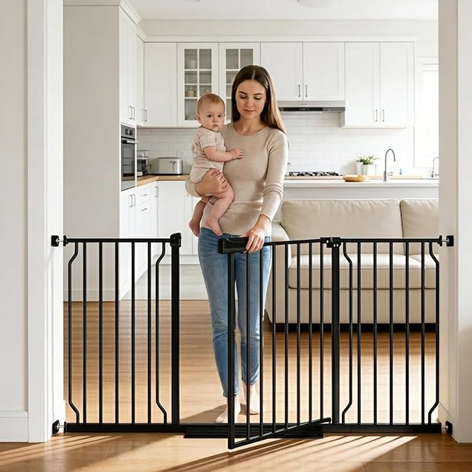TSAYAWA 62.2"-71.65" Extra Wide Auto Closing Baby Safety Gate for Stairs & Doorways, Pressure Mounted No Drill Pet Gate with Walk-Through Door - Heavy Duty Childproof Gate for Toddlers, Kids, Dogs