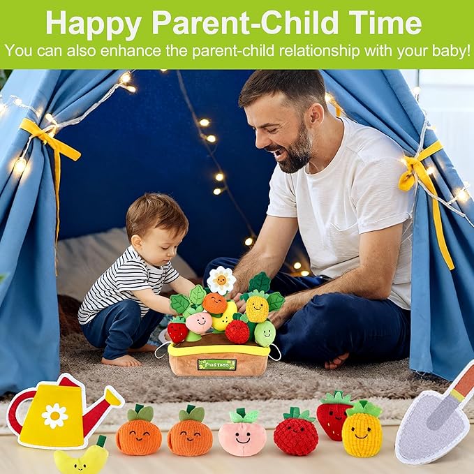 Baby Toys 6-12 Months, My First Fruits Vegetables Color Shape Sorting Montessori Toys, Plush Crinkle Rattle Textures Sensory Toy for 1 Year Old Boys Girls, Toddler Valentines Day Easter Baby Gifts