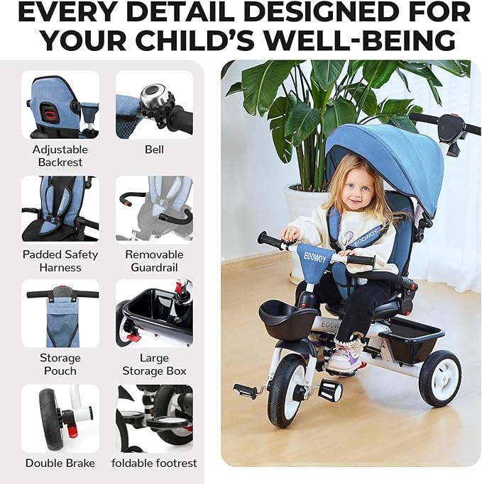 Toddler Tricycle with Push Handle, 7 in 1 Stroller Trike with 360° Swivel Seat, Reclining Backrest, All-Terrain Wheels, Dual Brakes, Canopy & Storage, Gift for Kids 18 Months to 5 Years, Blue