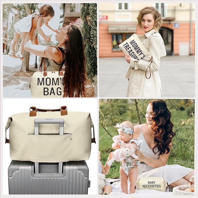 printe Diaper Bag Tote, Mom's Bag for Hospital, Large Capacity Waterproof Baby Mom Travel, Hospital Tote for Labor and Delivery with Baby Necessities, Creamy White