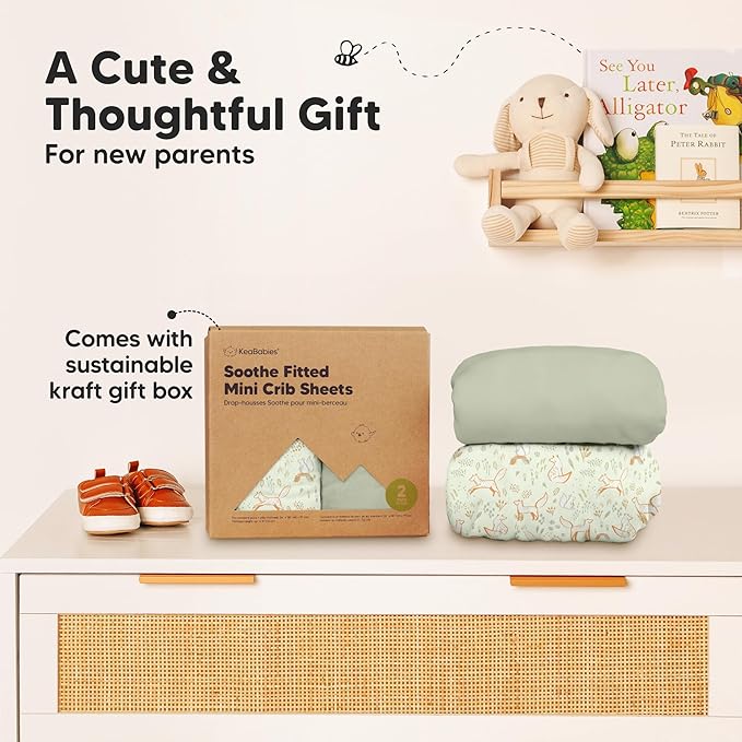 2-Pack Mini Crib Sheets Fitted - 38x26 Pack N Play Sheets for Pack and Play Mattress, Organic Cotton, Soft & Breathable Playard Bedding, Neutral Mini Toddler Bed Cover for Boys, Girls (Foxtrot)