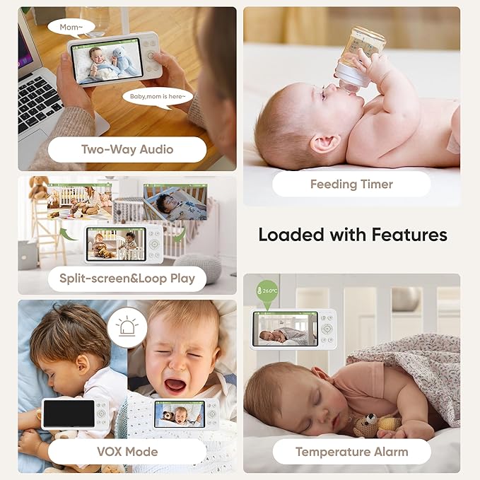 bonoch 2K Baby Monitor with Camera and Audio, 5.5" Smart No WiFi Video Baby Camera, 240h Battery, 1600ft Long Range, Crying/Motion/Turnover Detect, Hack Proof, Night Vision, White Noise, Shower Gifts