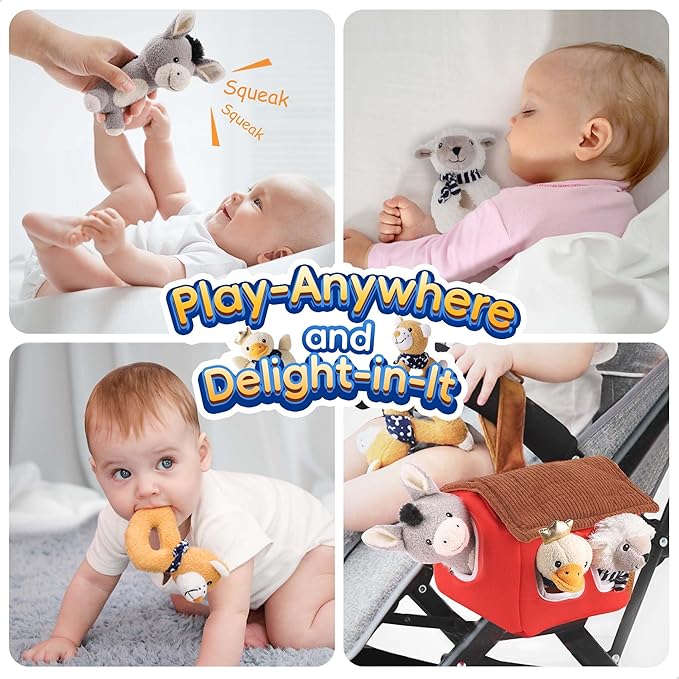 iPlay, iLearn Baby Toys 3 6 12 Month Newborn Gifts, Infant Soft Farm Stuffed Animal Rattles Plush Barn, Boy Girl Stuff, Basket Stocking Stuffer, Sensory Hand Development Toy 0 2 4 7 9M 1 Yr - Farm