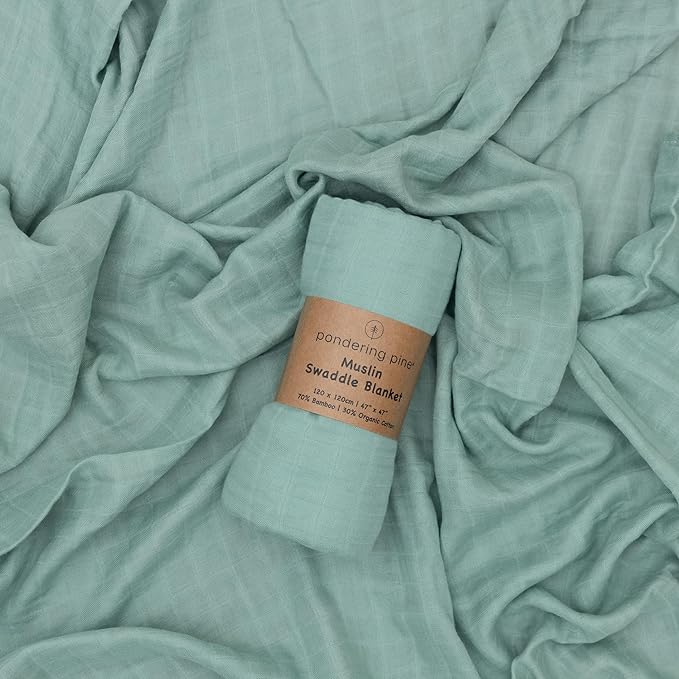 Organic Baby Muslin Swaddle Blankets - Solid Grey and Blue Swaddle Blanket 2 Pack - Soft Organic Cotton and Natural Bamboo Muslin, XLarge and Breathable, 47" X 47"