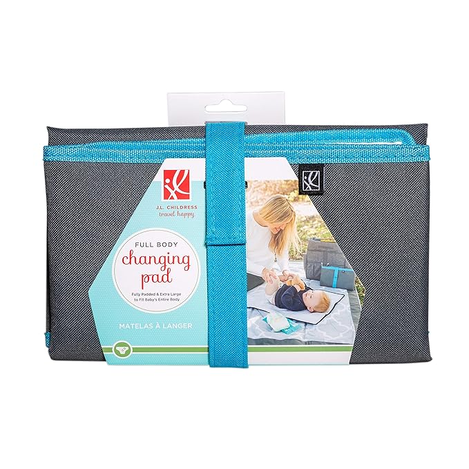 J.L. Childress Full Body Portable Changing Pad for Babies - Diaper Changing Mat for Travel, Baby Accessory Essentials, Wipeable & Water-Resistant, Foldable & Compact, Padded, Extra Large - Grey/Teal