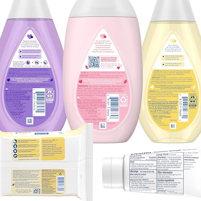 Johnson's Baby Here Comes Baby Gift Set, Baby Essentials for New Parents with Moisturizing Lotion, Bedtime Bath, Body Wash & Shampoo, Hand & Face Wipes, & Diaper Rash Cream, 5 Items