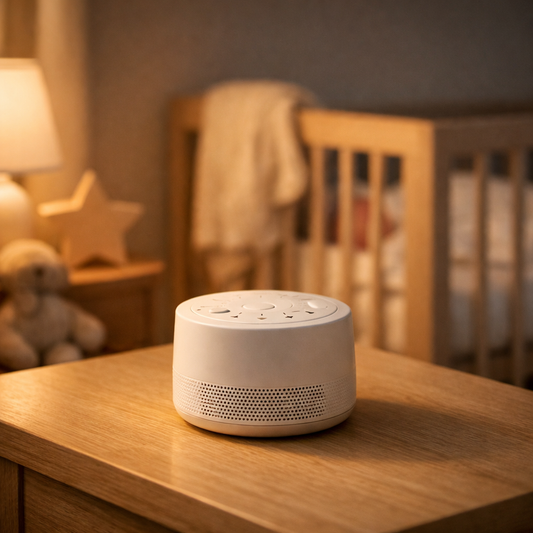 Baby white noise machine on wooden table in warm nursery with crib in background