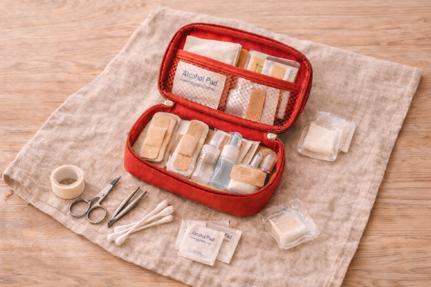 Open baby first aid kit with bandages, alcohol pads, cotton swabs, scissors, tweezers, and medical tape arranged on a neutral fabric background