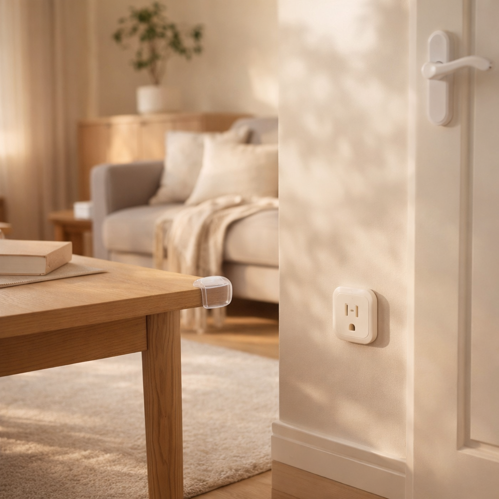 Modern living room with baby proofing essentials including corner protectors on furniture edges and outlet covers for child safety