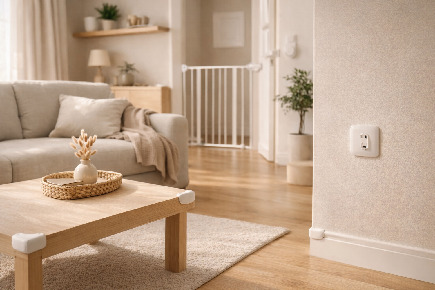 Modern family home interior with baby proofing and home safety features, including corner protectors on furniture, outlet covers, and safety gates in the background