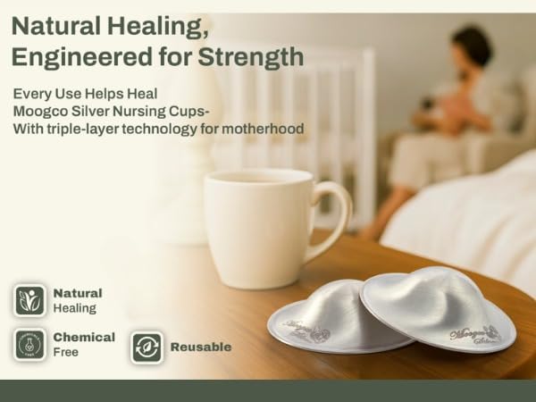 MOOGCO The Original Silver Nursing Cups - 999k Silver Nipple Cups - Nipple Shields for Breastfeeding Newborn – Protective Silver Nipple Covers for Nursing Moms (TriLaminate Regular)