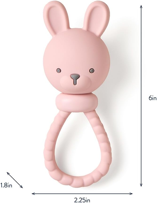 Itzy Ritzy Silicone Rattle Toy – Soothing Teething Toy with Soft Jingle Sound & Easy-Grip Textured Handle - for Ages 3 Months and Up (Bunny)