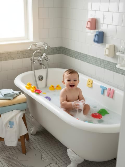 Rinzee® Baby Bath Cup with Suctions - BPA Free, 100% Food Grade Silicone Rinse Cup, Clutter-Free Tub Area, Kids Learning Tool, Sticks to Tiles, Drains Water Upside Down-"Patent Pending"