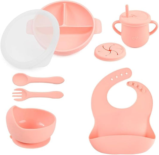 Joline Designs Silicone Baby Feeding Set - Perfect silicone plates for baby & Toddler Plates with lid, Baby Bowls with Suction, Baby Utensils - Baby Led Weaning Supplies & Eating Essentials - (Peach)