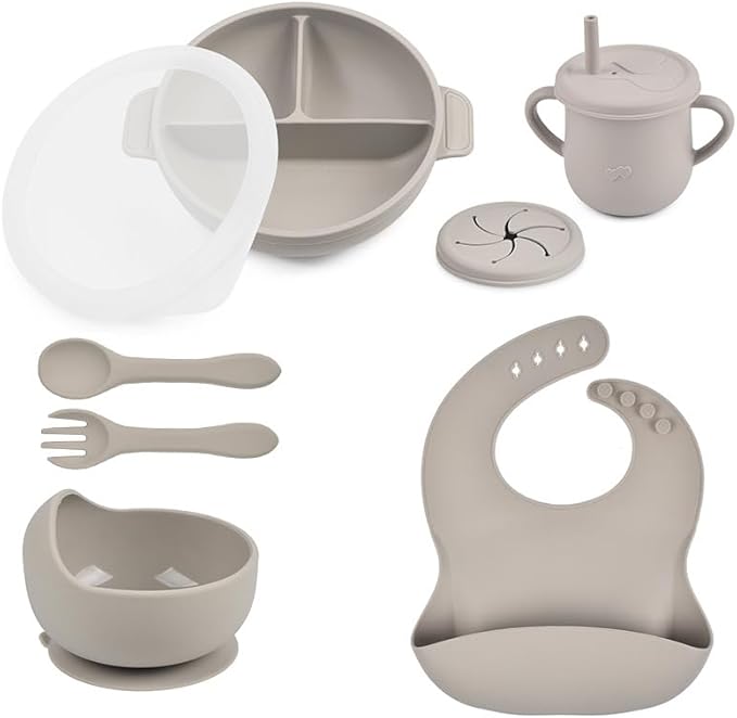 Joline Designs Silicone Baby Feeding Set - Perfect silicone plates for baby & Toddler Plates with lids, Baby Bowls with Suction, Baby Utensils - Baby Led Weaning Supplies & Eating Essentials - (Gray)