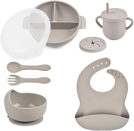 Joline Designs Silicone Baby Feeding Set - Perfect silicone plates for baby & Toddler Plates with lids, Baby Bowls with Suction, Baby Utensils - Baby Led Weaning Supplies & Eating Essentials - (Gray)