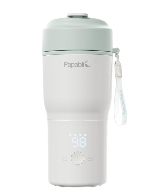 Papablic Portable Bottle Warmer for Home & Travel — 85W Fast Heating, Built-in Sterilizer, 4 Temp Settings, 6 Feeds per Charge, 3-Inch Wide Mouth, Fits Car Cup Holder