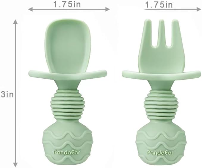 PandaEar Silicone Baby Feeding Set| 2 Pack Silicone Divided Suction Plate and 2 Pack Tiny Cup with 2 Spoons 2 Forks| Baby Led Weaning Supplies Self Feeding Eating Utensils (Blue/Green)