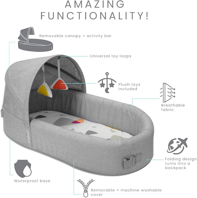 Lulyboo Portable Baby Travel Lounge & Playpen - Indoor/Outdoor Cuddle & Play Baby Bed, Adjustable Backpack, Waterproof, Lightweight, Includes Changing Pads, Plush Toys & Removable Canopy (Metro)