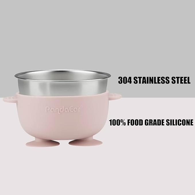 PandaEar 6-in-1 Stainless Steel Baby Feeding Set | Divided Suction Plate, Bowl, Sippy Cup with Straw, Bib, Spoon & Fork | BPA-Free Toddler Feeding Essentials for Self-Feeding (Pink)