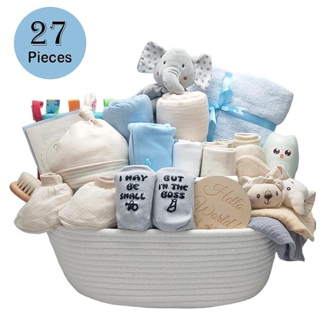 27-Piece Baby Shower Gifts for Boys, Newborn Essentials Must Haves,Large Baby Boy Gift Basket Set Essential Stuff,Gender Reveal Gifts,Rattle Swaddle,Blue,Baby Registry Search,Diaper Caddy Organizer