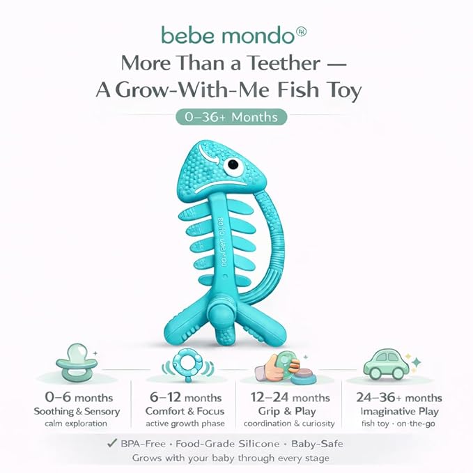 3 in 1 Infant Toys, Baby Teething Toys 3–6 6–12 Months, Teethers for Babies 0–3–6–12 Months for Teething Relief, Baby Gift, Baby Teether Toys, Silicone Sensory Toys, USA Patent Pending, Fish Turquise