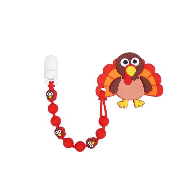 Cute Animal Baby Food Grade Silicone Teether Toy with One Piece Design Pacifier Clip Holder,Teething Toys Gift Set for 3 Months+ Boys and Girls,Freezer Safe,BPA Free (Red Turkey)