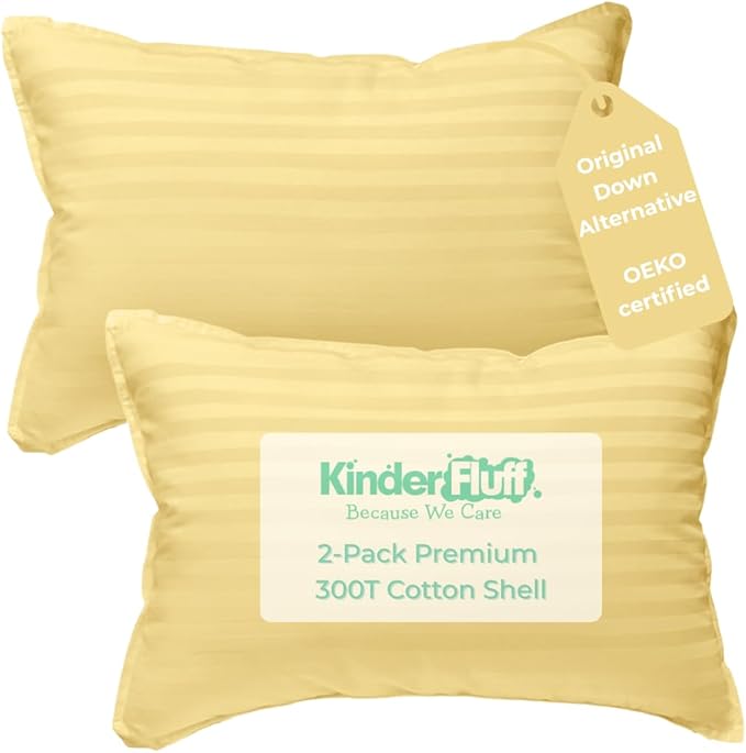kinder Fluff Pre-Teen Pillows (2-Pack) 17x26in - Pillows for Kids Age 12+, 100% Cotton Sateen Stripes 300T, Down Alternative Fill, Machine Washable - Children & Travel Cushions - Yellow - XL
