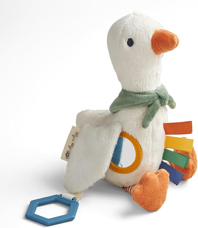 Itzy Ritzy Bitzy Traveler Car Seat & Stroller Toy for Babies – Developmental Sensory Toy Features Crinkle & Rattle Sounds & Multiple Textures – Hanging Travel Buddy for On-the-Go Entertainment (Goose)