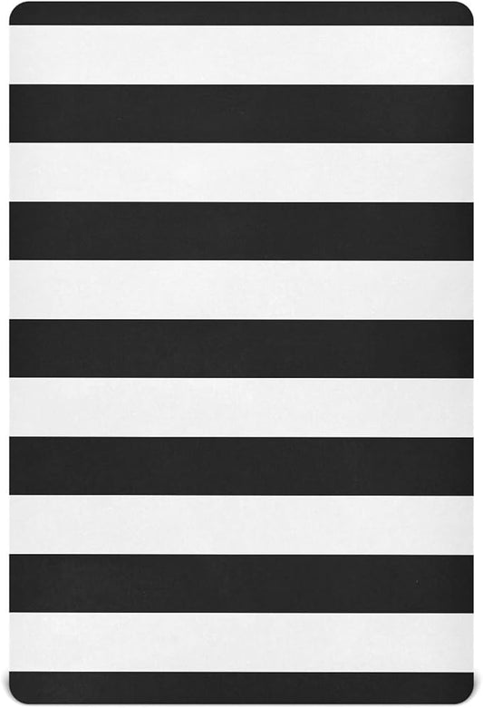 Pfrewn Crib Sheets for Boys Girls Retro White and Black Striped Fitted Crib Sheet for Mini Crib Mattress Stretch Soft Toddler Baby Playard Sheet, 39x27x5IN