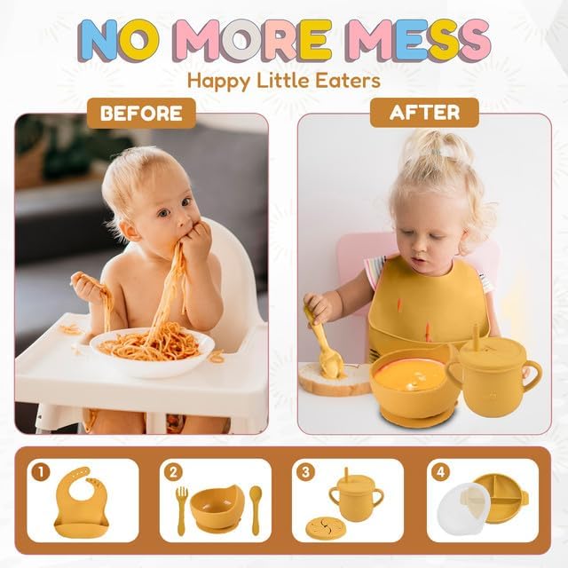 Joline Designs Silicone Baby Feeding Set - Perfect silicone plates for baby & Toddler Plates with lid, Baby Bowls with Suction, Baby Utensils - Baby Led Weaning Supplies & Eating Essential - (Yellow)