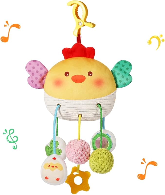 Carseat Toys Hanging for Babies 0-6 Months Boy Girl – Chicken Pull String Baby Toy with Crinkle, Rattle, Mirror, BB Squeaker – Crib Toys Hanging, Stroller, Car Seat Toy, Baby Hanging