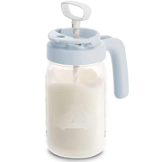 Papablic Glass Breastmilk Pitcher, Fast Baby Formula Maker with Mixing Handle Lid, Wide Mouth Mason Jar Breast Milk Storage Container with Flip-Lock Spout, BPA-Free, Blue