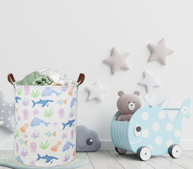 ESSME Kids Laundry Hamper,Shark Hamper Collapsible Canvas Waterproof Ocean Storage Bin for Boy, Nursery Hamper,Gift Baskets,toy bins(Ocean)