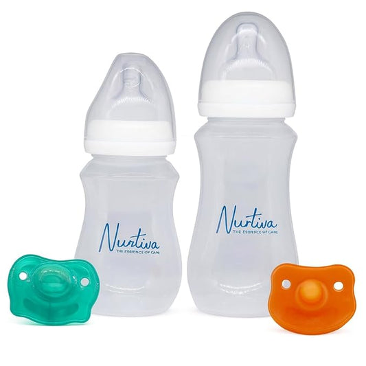 Baby Bottle Set for Breastfed Newborns — 2 Pack (240ml + 300ml) Soft Silicone Anti-Colic Bottles | Natural Latch, Wide Neck | Pacifier Included