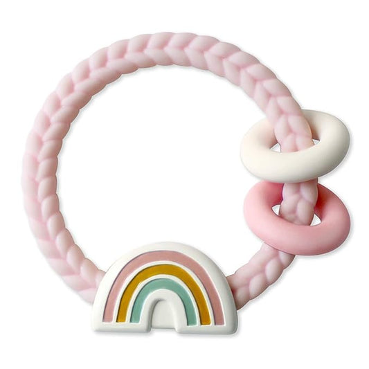 Itzy Ritzy Silicone Teether with Rattle; Rattle Teether Features Rattling Sound, Two Silicone Teething Rings and Raised Texture to Soothe Gums; Ages 3 Months and Up (Pink Rainbow)
