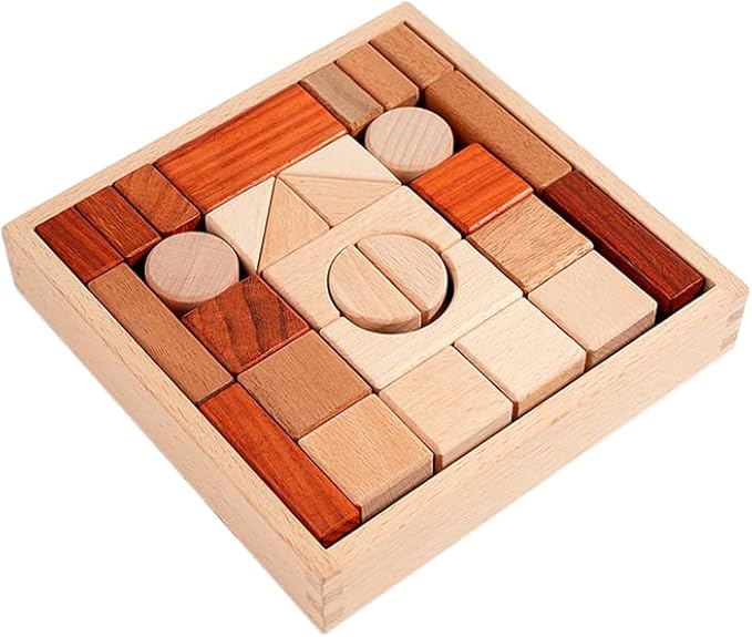 Wooden Building Block Set for Kids, Natural Wood Stacking Toy with Storage Tray, Preschool Learning Toys for Toddlers 1-3 Year Old, 29 Pcs in 8 Shapes, Montessori Educational Game for Boys & Girls