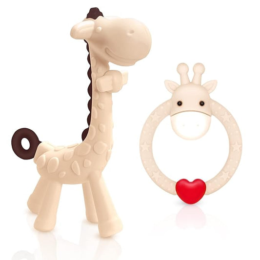 SHARE&CARE Valentines Day Gifts Silicone Giraffe Baby Teether Toy with Storage Case, for 3 Months Above Infant Sore Gums Pain Relief, Baby Teething Toys, Women Gift for Mom, Wife, Her (Cream)