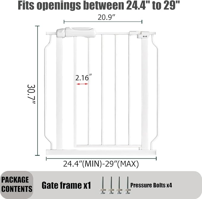 24-29 Inch Narrow Baby Gate, Pressure Mounted No Drilling Dog Gate for Stairs & Doorways, White Metal Safety Gate Indoor for Kids and Pets